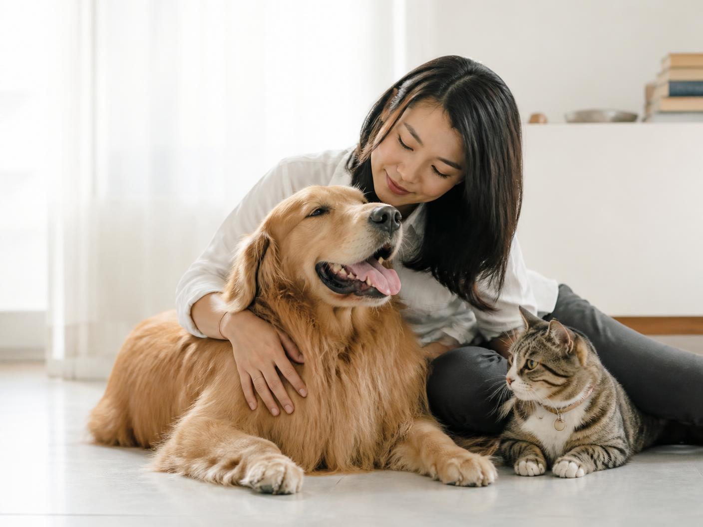 Pet owner sitting on the floor with her golden retriever and tabby cat