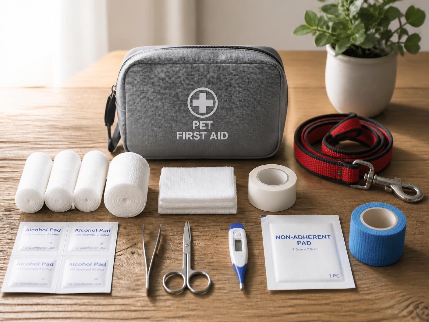 Pet first aid kit with bandages, gauze, tape, tweezers and a leash laid out on a table